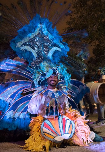 Photo of DeVaughn Woodside in traditional Junkanoo costume